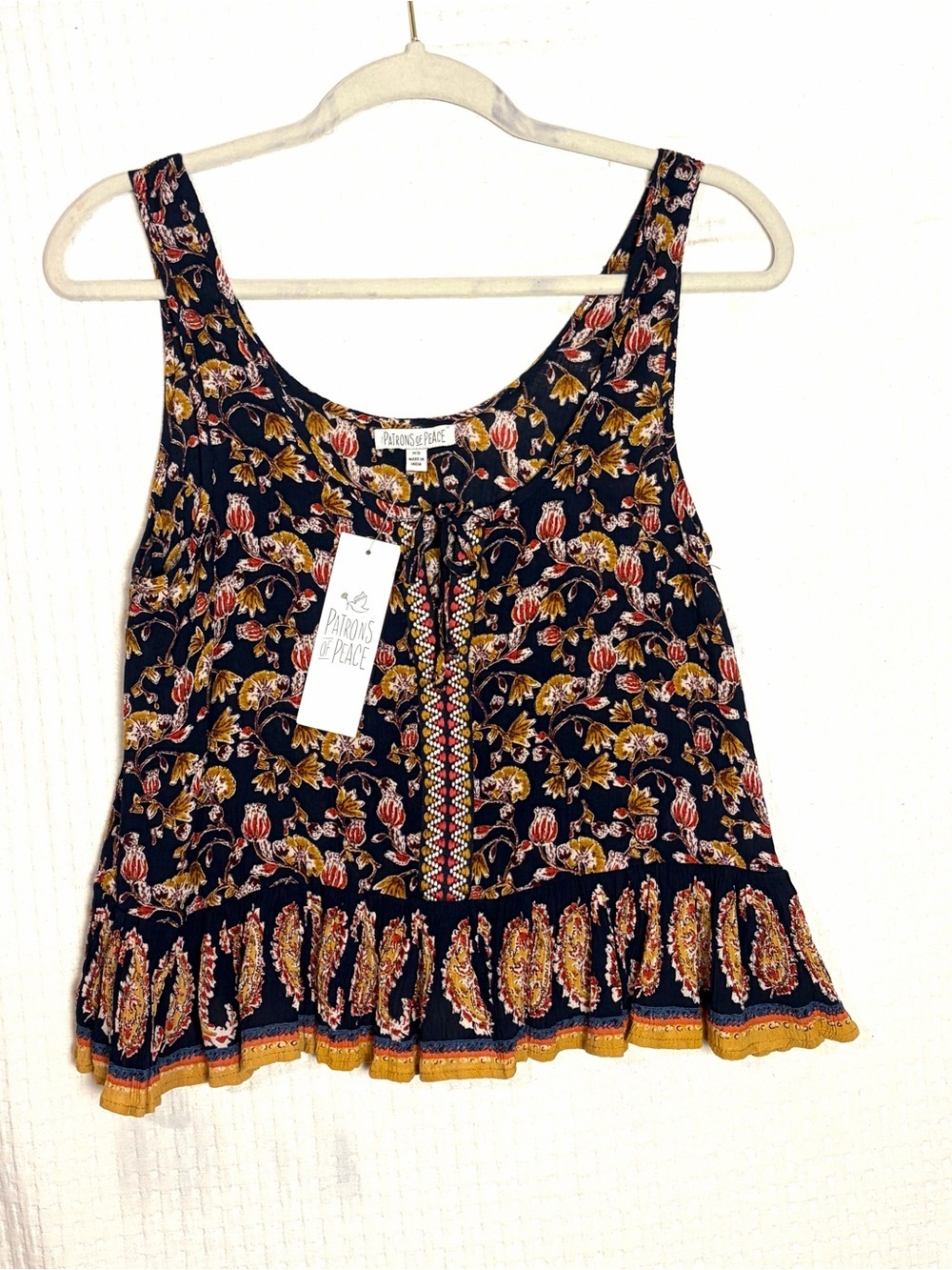 NEW Patrons Of Peace Tank Flowy Paisley Navy Gold Bow Boho Hippy Ruffle Hem XS